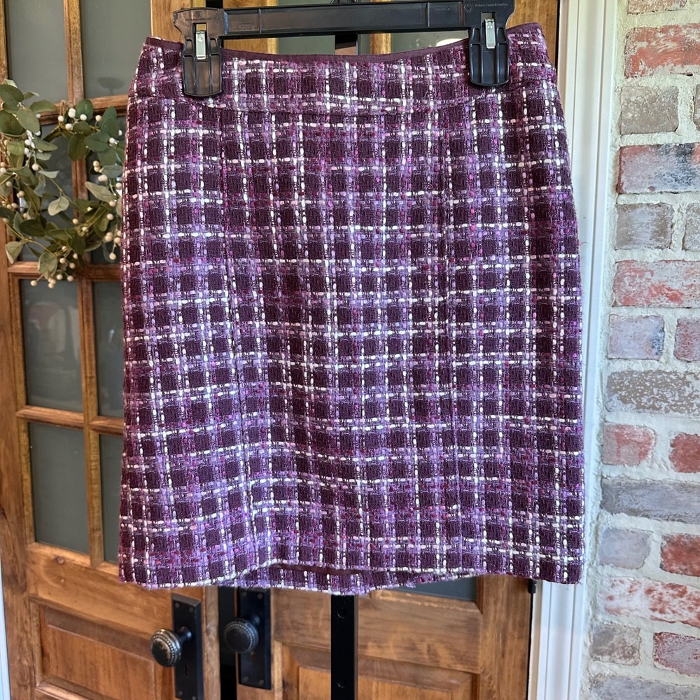 Ann Taylor Pencil Skirt Women Maroon Tweed Plaid Career Dark Academia 4P